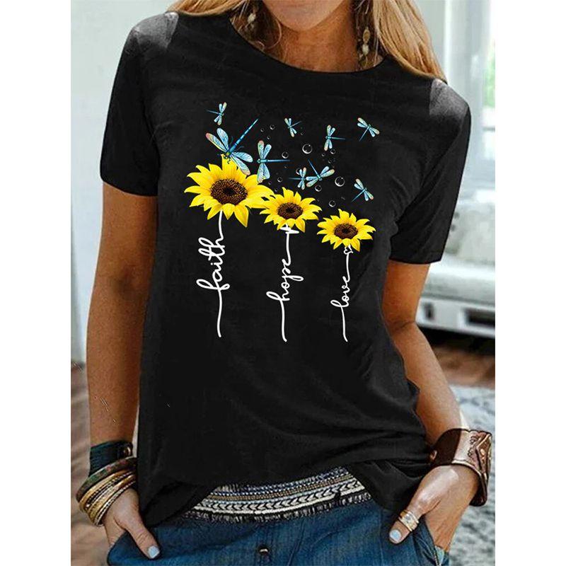 

Women Floral Daisy Printes Basic Tshirt Summer Casual Short Sleeve Tops Blouse XL