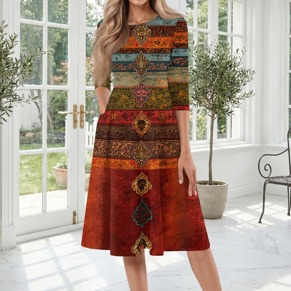 Women's Casual Fashion Round Neck Three Quarter Sleeve Printed Midi Dress