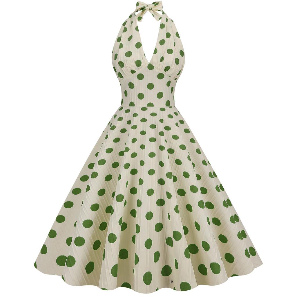 Vintage Polka Dot High Waist Dress With Backless Design For Elegant Summer Events