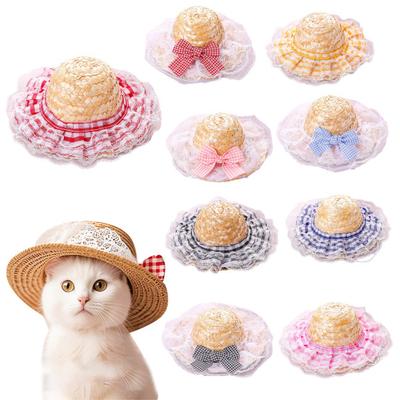 Chapéu de Palha para Gato Renda Babado Laço Fofo Gato Chapéu de Sol Elástico Ajustável Retro Chapéu de Sol para Gatos Cachorros Pequenos Proteção Solar Adereço para Fotos