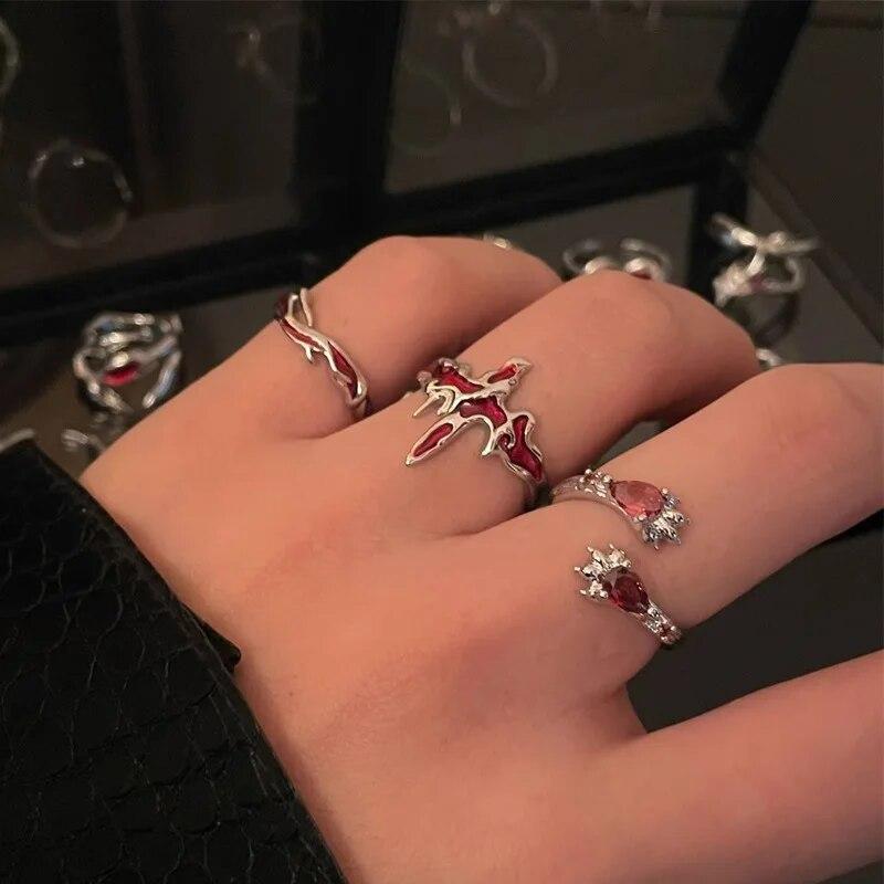 Vintage Red Enamel Cross Open Rings For Women Men Punk Hip Hop Irregular Lava Texture Rings Y2K Aesthetic Jewelry
