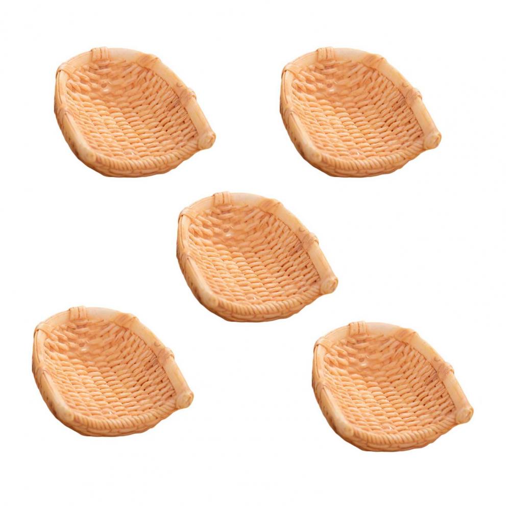 Miniature Decorative Basket Resin Mini Basket 5 Pcs Fairy Garden Micro Mini Resin Rattan Baskets Dollhouse Woven Basket Decor