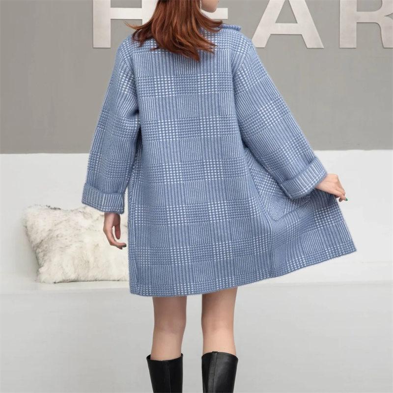 Faux Mink Cashmere Popular Plaid Coat Winter Women's New Korean Version of The Coat Long Lapel Woolen Coat