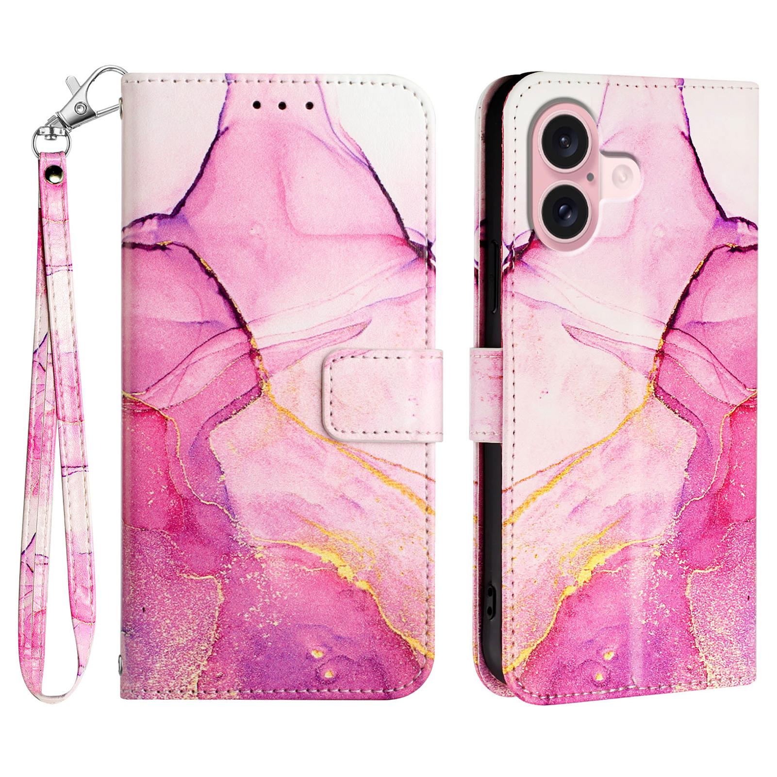 

For iPhone 16 Plus Case with Strap Marble Pattern Leather Phone Cover Card Holder A
