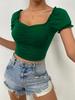 Summer Women's Square Neck T-shirt Fashion Slim Short-sleeved Short Tops Pleated Design Pure Color T-Shirt