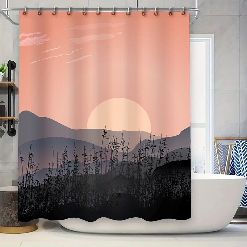 Sunset-themed shower curtain with black silhouette plants for modern bathroom decor peach pink color (59 x 72 inches)