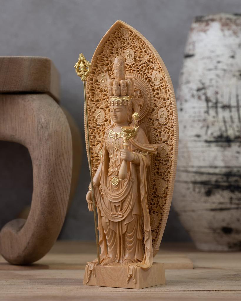 Tiny Buddha Kannon 12cm Hasedera Style Kannon Bodhisattva Buddha statue figure wood carving ornament Kannon HSD Eleven-Headed - (wood boxwood,