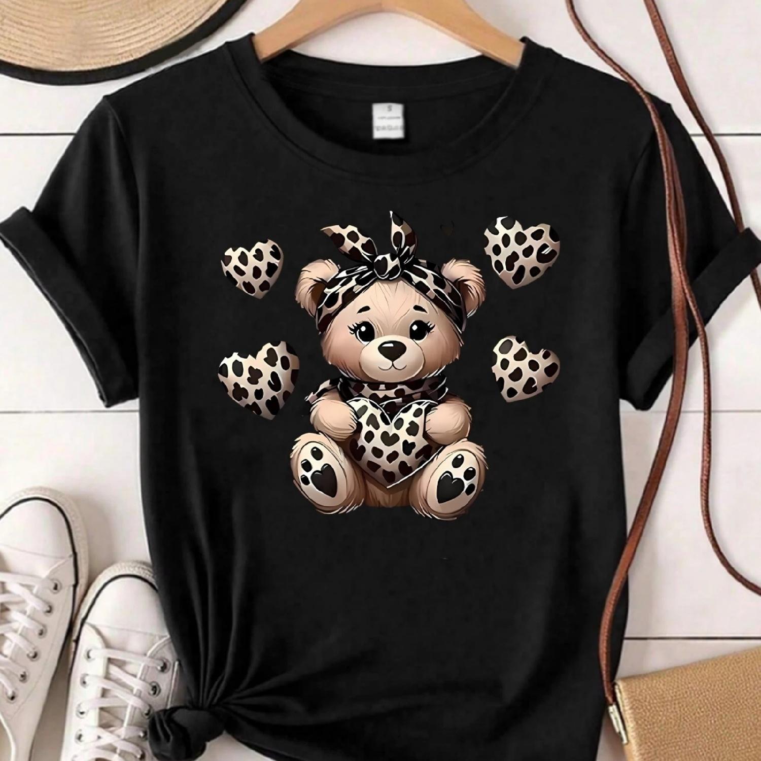 

Leopard bear pattern round neck plus size women T-shirt short sleeve trend printing elastic half sleeve T-shirt XXXXXL різнокольоровий