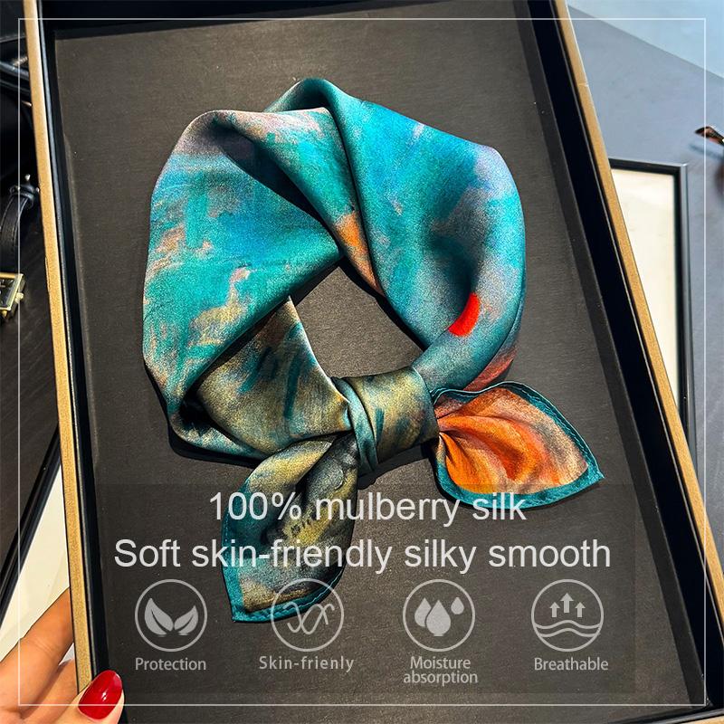 Luxury 100% Mulberry Silk Scarf Women Oil Painting Print Bandana Shawl Lady Neckerchief Handkerchief Female Decorative Wrap