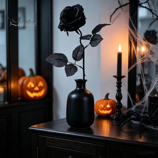 Decorative Black Rose Stems Realistic Silk Roses with Long for Wedding Centerpieces, Halloween Home Decor, Artificial Faux Floral Arrangements