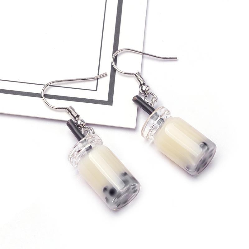 Cartoon Creative Handmade Milk Tea Cup Beverage Bottle Earrings, Funny Cute Mineral Water Bottle Earrings