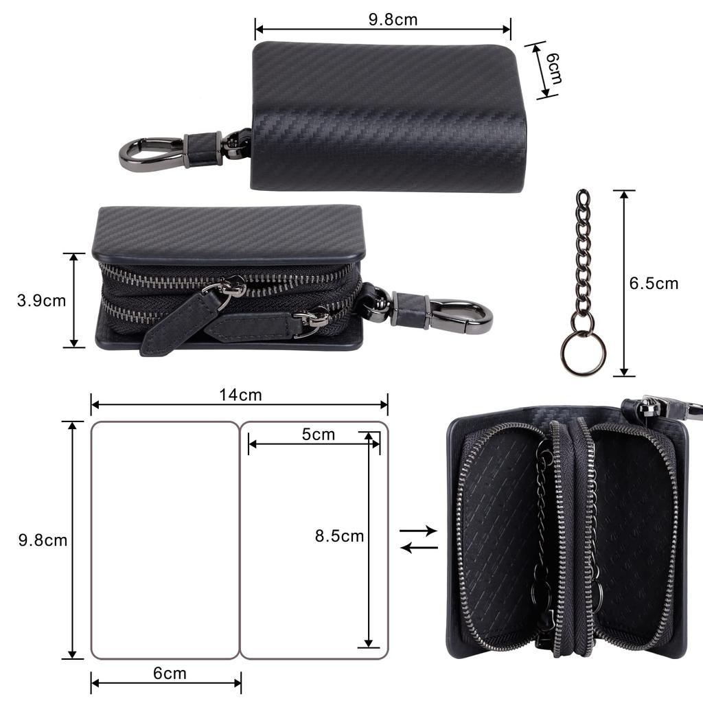 VISOUL Smart Key Case, 2-Key Capacity, Genuine Leather Smart Key Cover, Key Holder with Carabiner, Keyless Accessory for Men and Women, Carbon