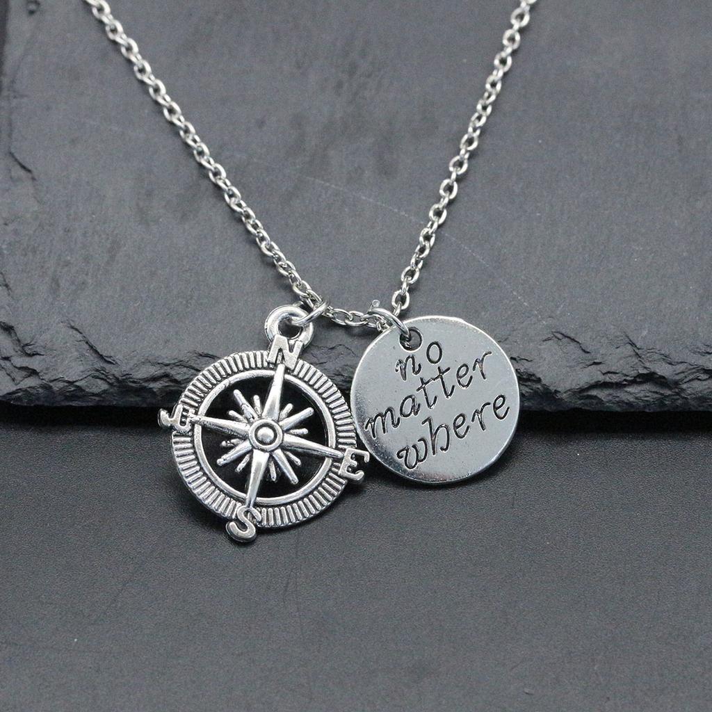 Vintage Style Compass Necklace With Inspirational No Matter Where Pendant Minimalist Silvery Chain Jewelry Accessory For Travel And Daily Wear