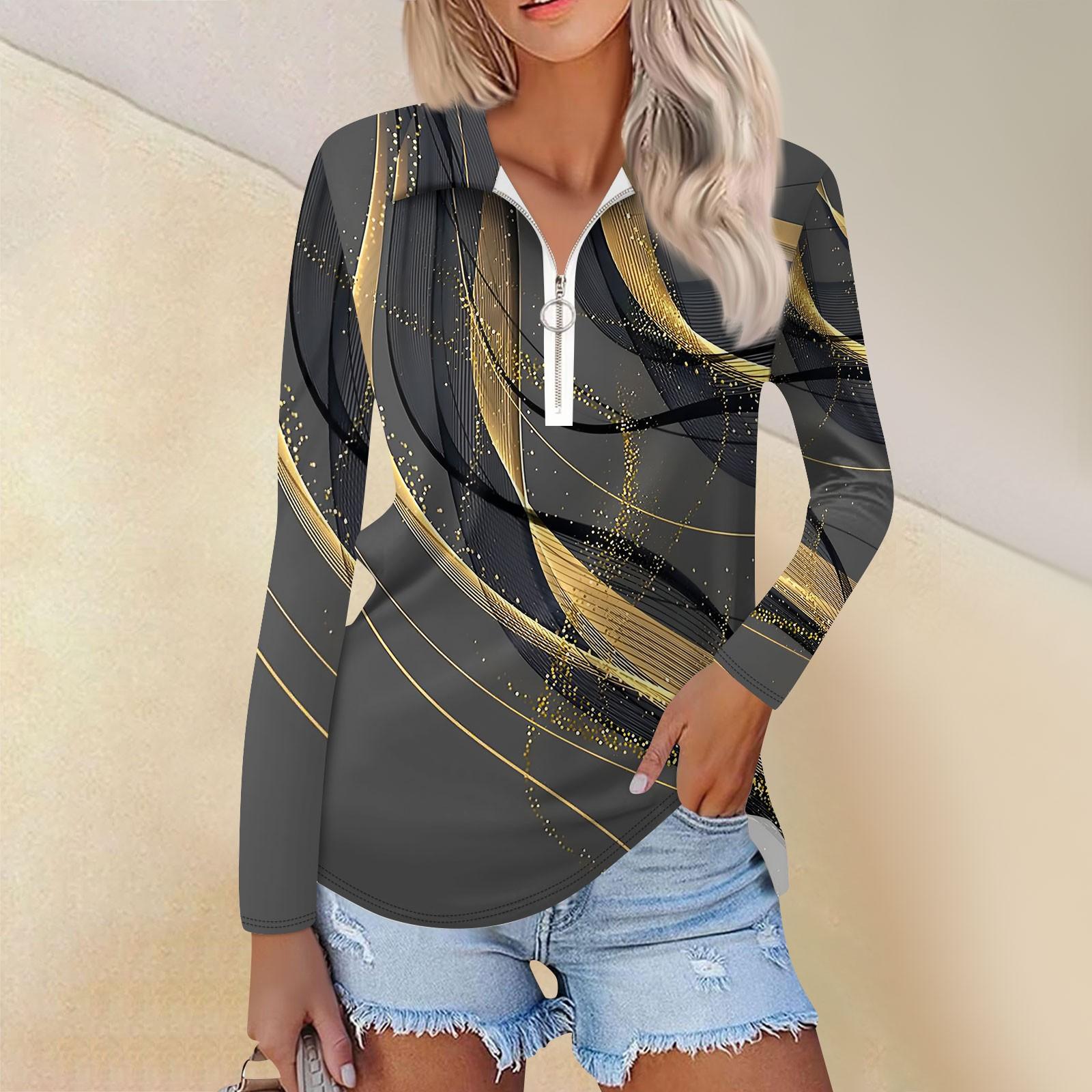 

Женская мода весна-осень повседневная принтованная молния V-образный вырез длинный рукав рубашка топы XXXL хаки