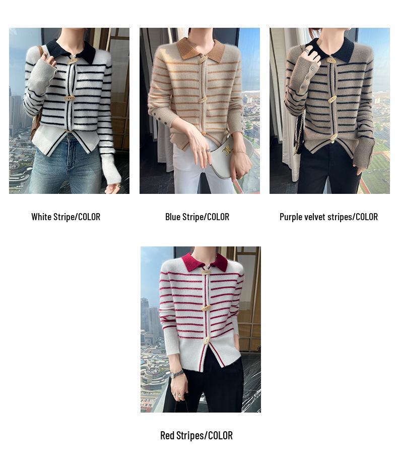 Women's Striped Cashmere Knit Cardigan with Polo Collar - Long Sleeve, Loose Fit, Warm Sweater Coat