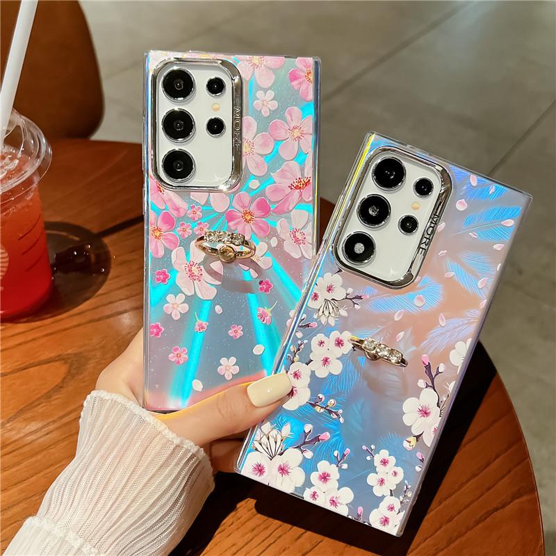 Bling Raser Prsten Držák na telefon Pouzdro pro Samsung S23 FE S24 A35 A55 A12 A25 A54 A14 A34 S22 Ultra Květinový List Pokovovaný Kryt