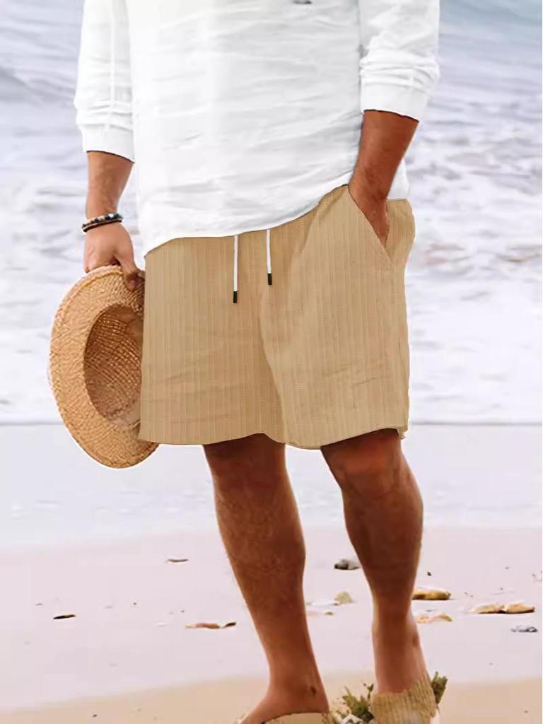 Men's Striped Cotton Linen Beach Shorts with Multi-Pocket and Drawstring