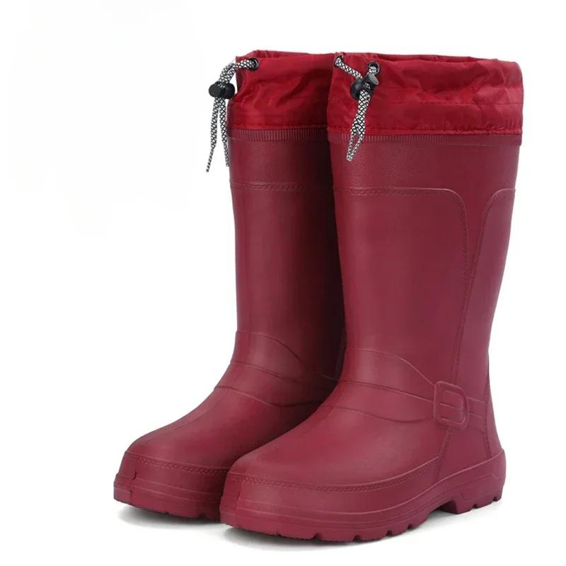 Fashion Women Rain Boots Mid-Calf Water Shoes Non-slip Waterproof Safety Work Shoes Drawstring Rubber Boots Women Warm Plush Rain Shoes