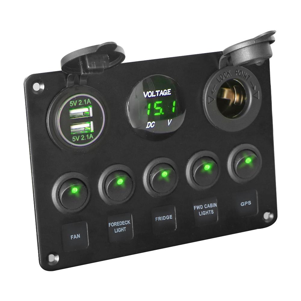 

For RV Truck Trailer Car Marine Boat LED Rocker Switch Panel Digital Voltmeter Dual USB Port 12V Outlet Combination Waterproof зелений