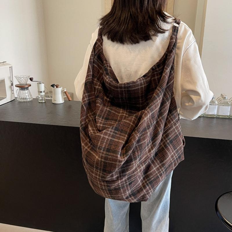 Chic Plaid Nylon Large Capacity Tote Bag Women Casual Top Handle Hobo Shoulder Shopper with Fixed Strap For Daily Work CLE