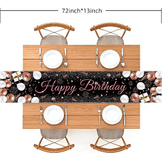 Happy Birthday Table Runner, Black and Rose Gold Party Decoration, 72 x 13 inches, Balloon and Firework Design