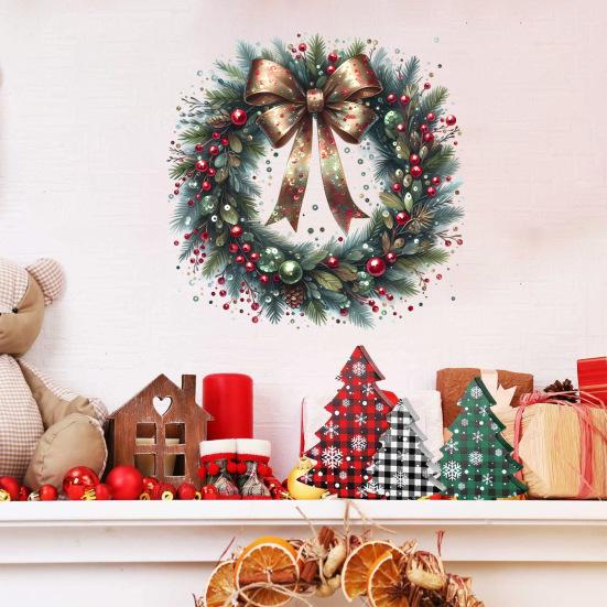 Christmas Wreath Stickers Removable Wall Decals Holiday Pine Cones Bow Wreath Patterns Stickers for Home Window Glass Door Decor