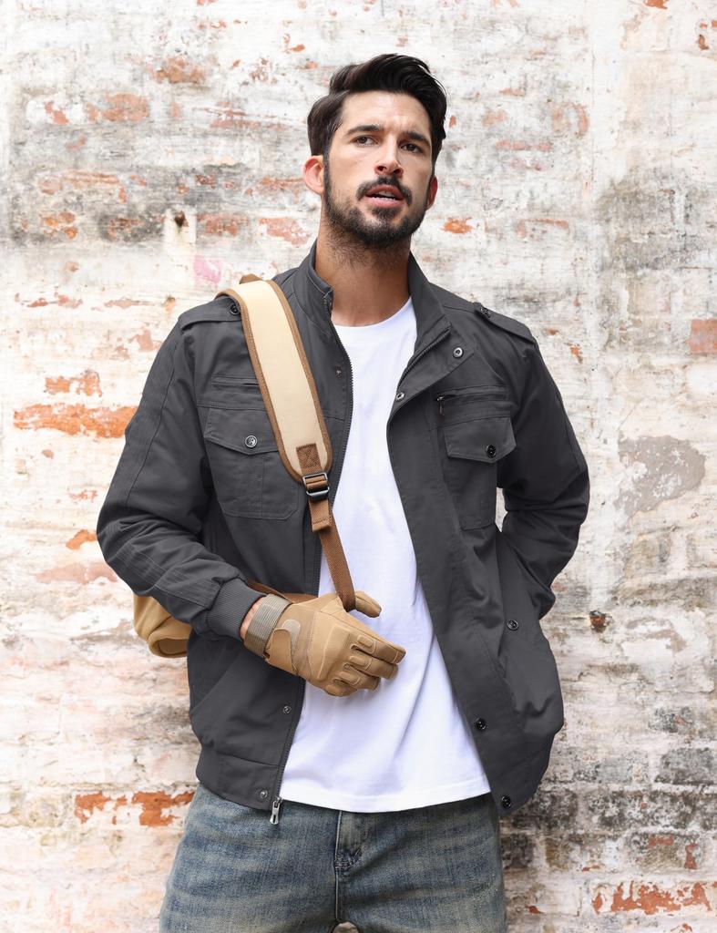 TACVASEN Herren Motorradjacke, Kälteschutz, Amerikanischer Stil, Hoher Kragen, Kurze Jacke, Schlicht, Oversized, Elegant, Grau, Größe L