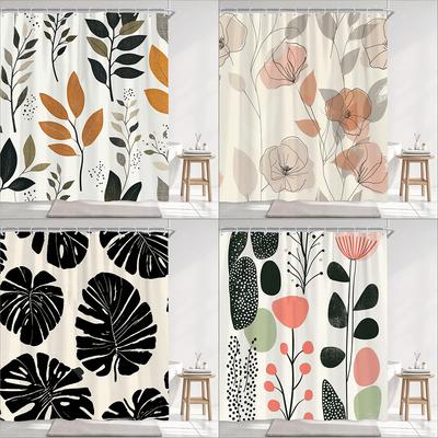 1Pc Simple Style Leaves Print Polyester Shower Curtain Bathroom Decoration Curtain,Hanging Curtain With Hooks Machine Washable