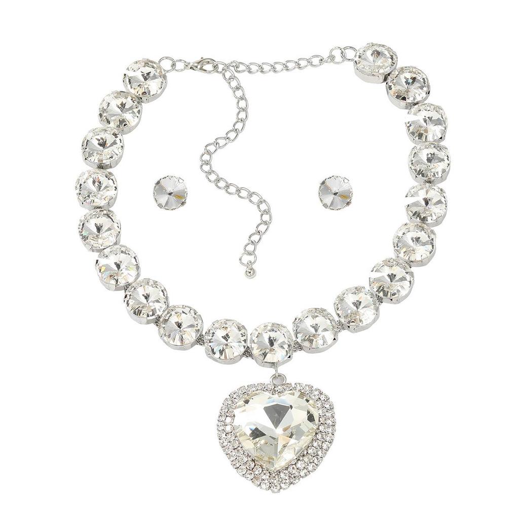 European & American Bridal Jewelry Set: Round Glass Diamond Earrings with Heart Pendant Necklace