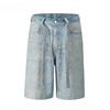 ZYLLO Streetwear Full Rhinestone Print Baggy Jeans Shorts for Men Ripped Hole Washed Short Casual Loose Denim Five Point Pants
