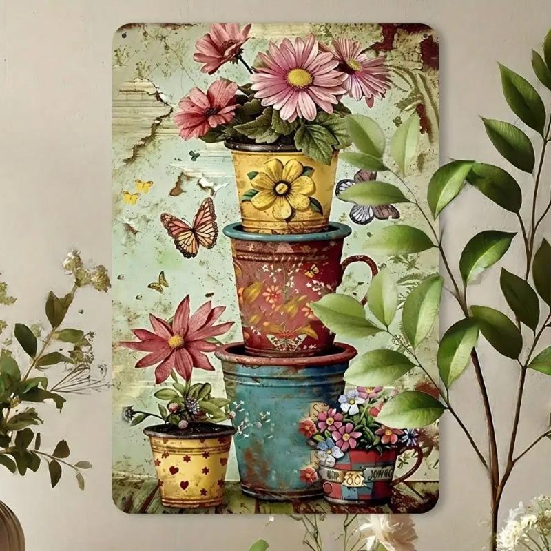 Vintage Metal Sign Floral Pots Butterfly Design Home Decor