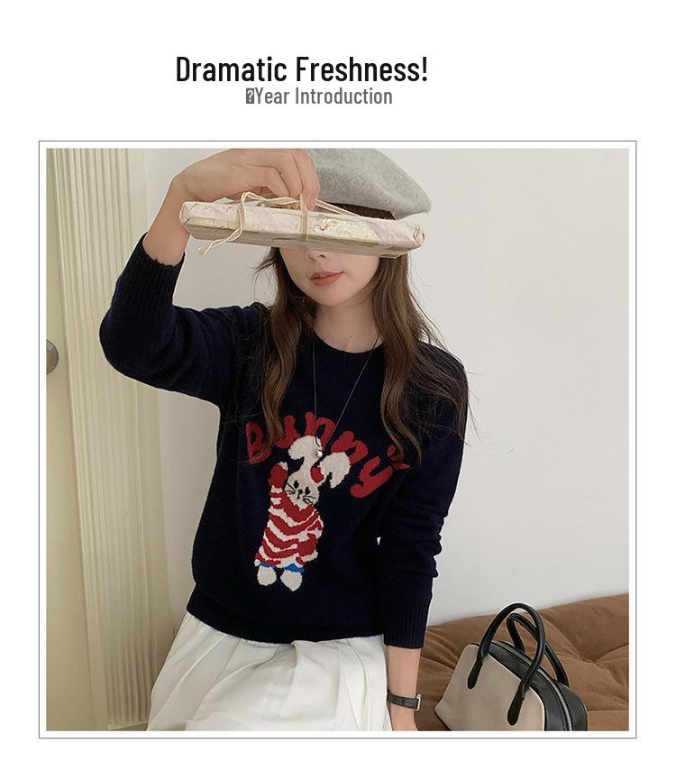 Women's Wool Round Neck Sweater with Cartoon Bunny Embroidery - Cute Style for Autumn/Winter