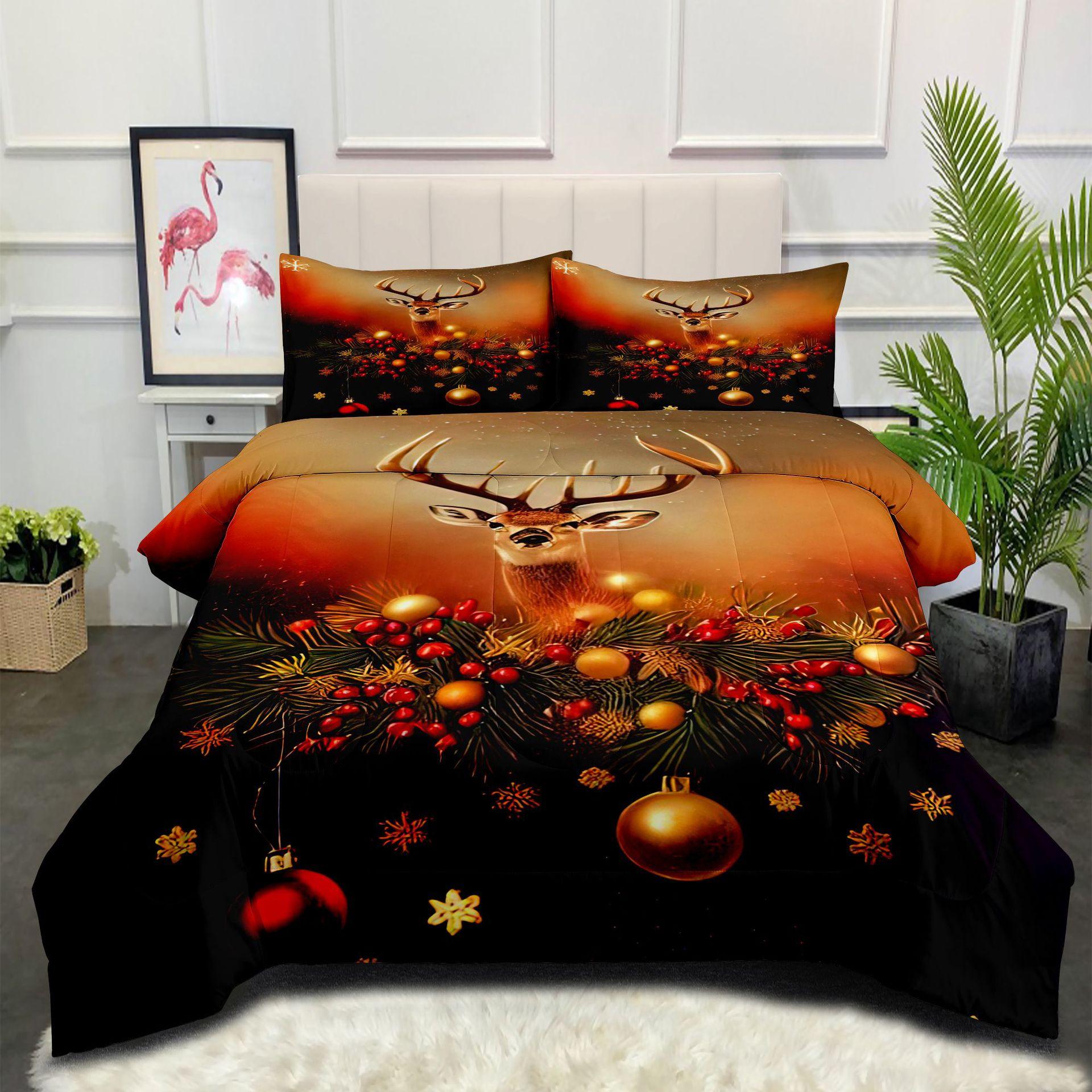 Christmas Deer Head Plush Bedspread Bedroom Decor Quilt Down Alternative Cotton Three-piece Set Digital Print Bedding Home Textiles 140*200cm