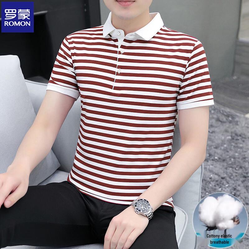 ROMON Men's Striped Short Sleeve Polo Shirt