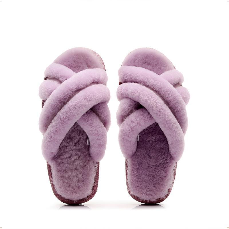 Women's Leather & Fur Cross Toe Flat Shoes - Cozy Autumn/Winter Versatile Thick-Soled Footwear for Home & Outdoor.