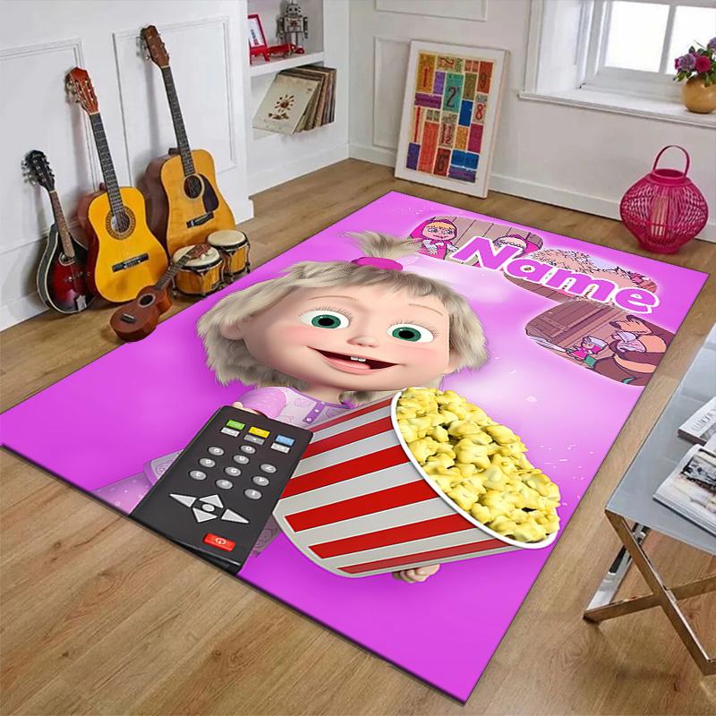 Custom Masha and the Bear Mat Personalized Name, Polyester Washable Indoor Entryway Rug, Gift for Christmas, Easter, Thanksgiving Day