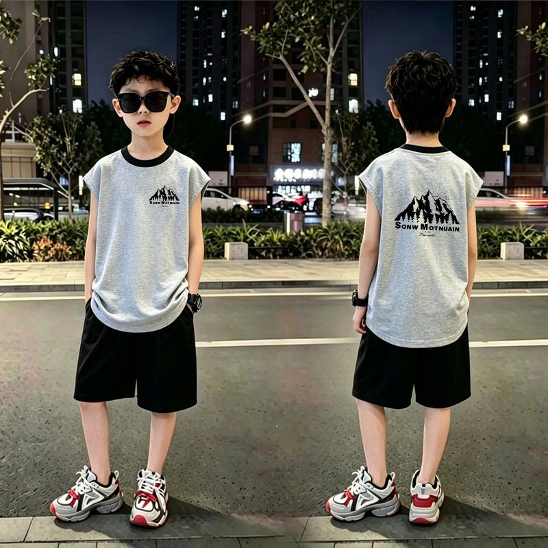 Trendy Boys' Color Block Cartoon Vest Set - Summer Sleeveless Two-Piece for Medium & Large Kids