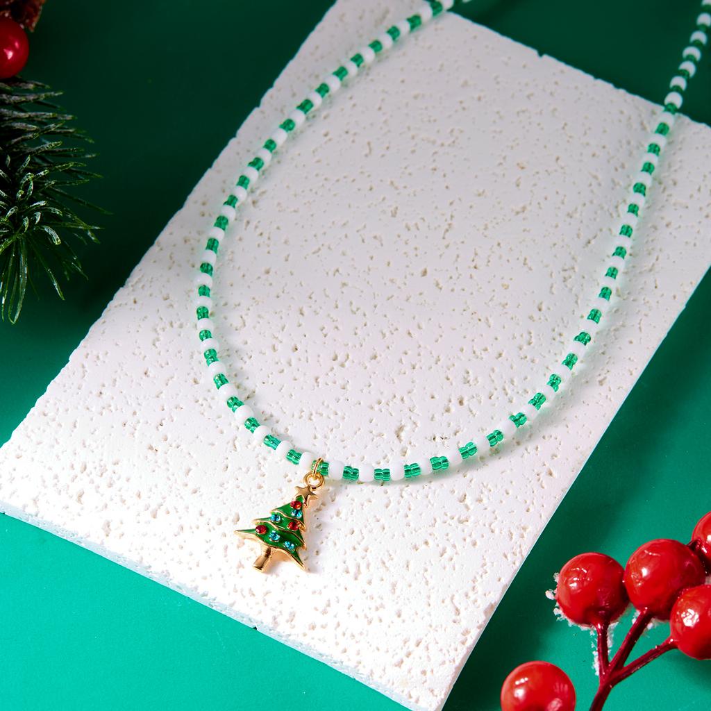 Merry Christmas Rice Beads Necklace For Women Girls Christmas Tree Snowman Santa Claus Crutch Clavicle Choker Xmas Jewelry Gifts