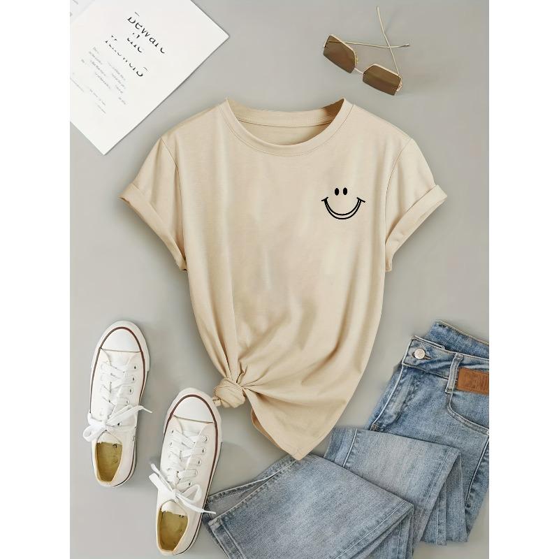Smile Face Print Casual T-Shirt, Round Neck Short Sleeve Elastic Comfortable Sport T-Shirt, Women'S Blouse