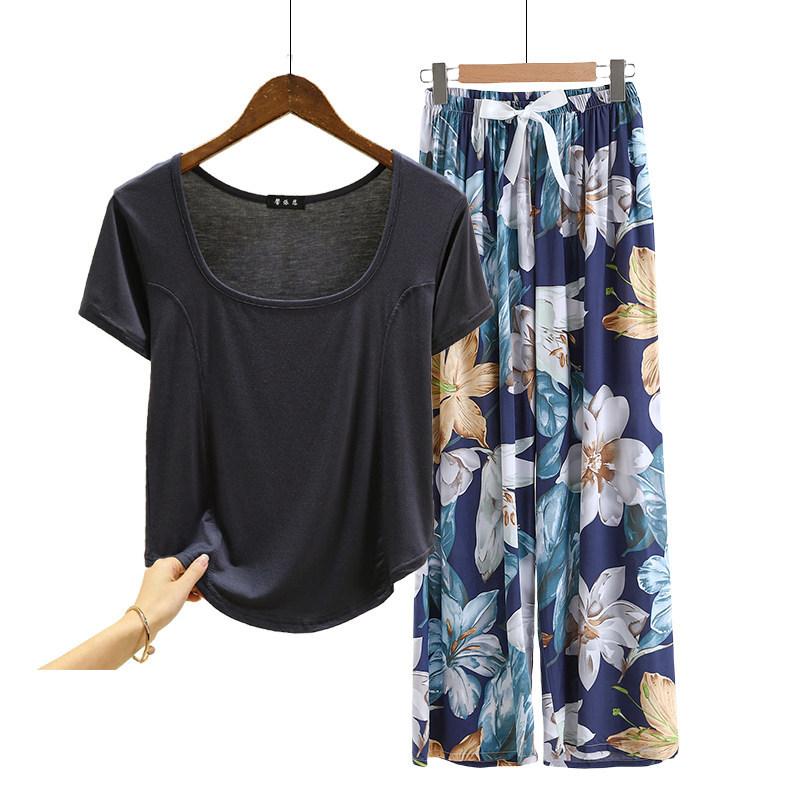 Fashion U Nek Tshirt and Floral Wide leg pants Summer fashion homewear 2pcs suit Loose Casual pajamas set comfort loungewear plus size