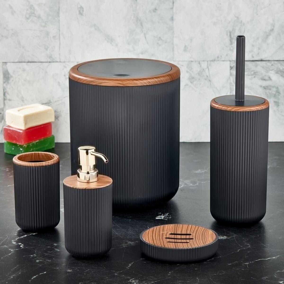 JOTOM Lot De 6 Accessoires De Salle De Bain En Bambou,Design Moderne,6 Pièces,Distributeur De Savon, Porte-brosse à Dents, Porte-savon, Brosse De Toilette,Décoration D'intérieur (blanc