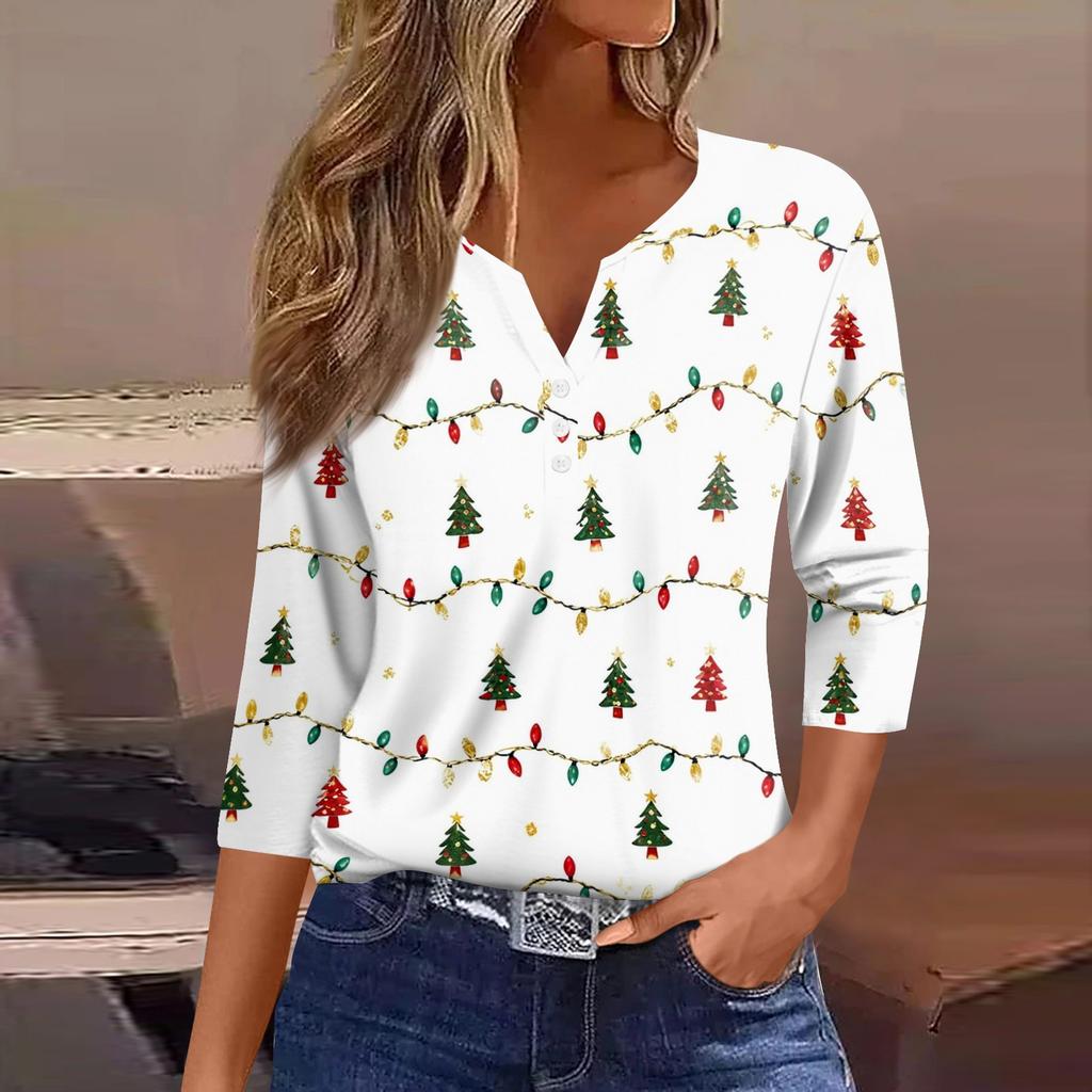 Women's Fashion Casual Christmas Print V-Neck 3/4 Sleeve Button T-Shirt Top