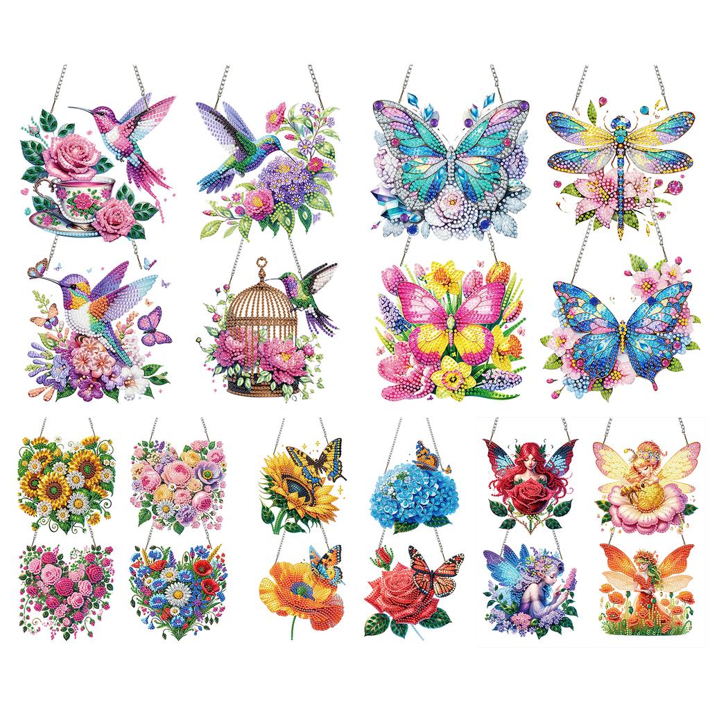 4Pcs Flower 2D Flat DIY Diamond Art Pendant Acrylic Hanging Gem Art Paintings Charm for Adults Gift Home Wall Or Window Decor