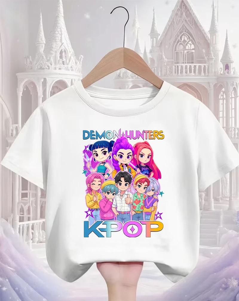 Daily Essential Casual Kpop Demon Hunters Kids T Shirt Popular Cartoon Design Short Sleeve Round Neck Boys Girls Outdoor