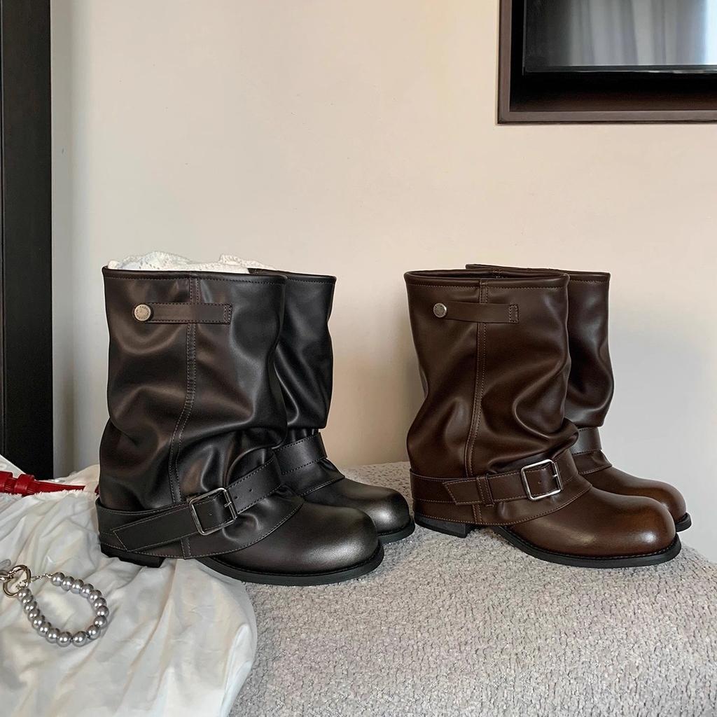 Cowhide version of grape mother, the same Spice Girl pant tube boots, fashionable wasteland wind pleated buckle, western cowboy boots, short boots