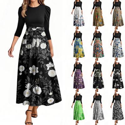Women's Fashion Casual Belted Three-quarter Sleeve Round Neck Floral Printed Elegant Temperament Dresses
