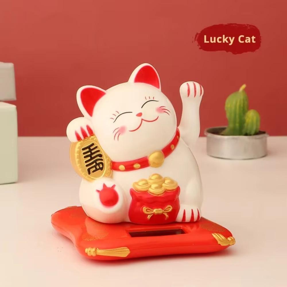 Mini Fortune Cat Figurine Solar Powered Waving Hand Cat Ornaments Car Decor