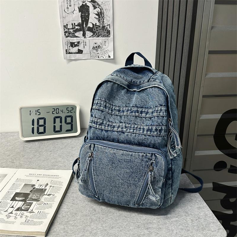 Denim Backpack Large Capacity Student Schoolbag Travel Commuter Backpack