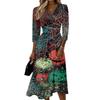 Womens Casual V Neck Midi Dress Three Quarter Sleeve Back Zipper Halloween Print Dress