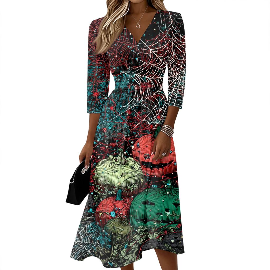 Womens Casual V Neck Midi Dress Three Quarter Sleeve Back Zipper Halloween Print Dress